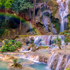 Картинки Водопады Радуги Скала Tat Kuang Si Waterfalls Luang prabang Laos