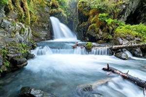 Картинка США Водопады Аляска Мха Скалы Virgin Falls Природа