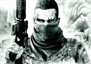 Фотография Солдат Автомат Черно белое Взгляд Spec Ops: The Line Игры