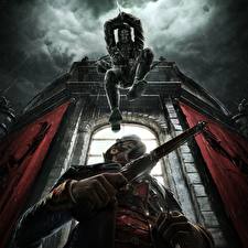 Картинка Dishonored Воители Пистолет В прыжке Игры Фэнтези