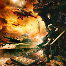 Обои World in Conflict Танки Вертолеты Солдаты Автоматы Русские Игры