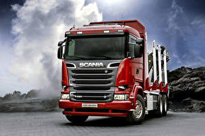 Обои Грузовики Scania Спереди Красная R520, 2013, 6x4 машины