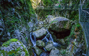 Фото Франция Мост Камни Водопады Каньона Мха Gorges de la Fou Природа