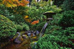 Обои для рабочего стола США Сады Камень Дизайн Кусты Ручеек Мох Portland Japanese Garden Природа