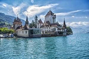 Фото Швейцария Замок Озеро Oberhofen Castle, lake Thun, city Tun город