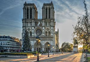 Фотографии Франция Утро Собор Париж Уличные фонари Улиц Notre Dame