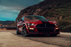 Обои Форд Красные Спереди Полосатый Бордовая Mustang Shelby GT500 2019