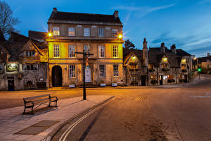 Фотография Англия Вечер Здания Улица Скамья Уличные фонари Wiltshire, Bradford-on-Avon