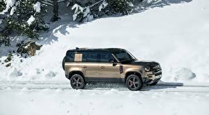 Картинка Range Rover Снегу Сбоку Внедорожник Defender 110, P400 X, 2020 Автомобили