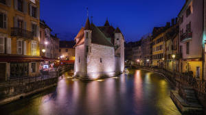 Фотографии Франция Дома Ночью Водный канал Annecy город