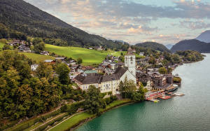 Фотографии Австрия Здания Берег Пирсы Озеро Холм Wolfgang im Salzkammergut