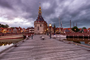 Фото Голландия Дома Пристань Лодки Башня Hoorn